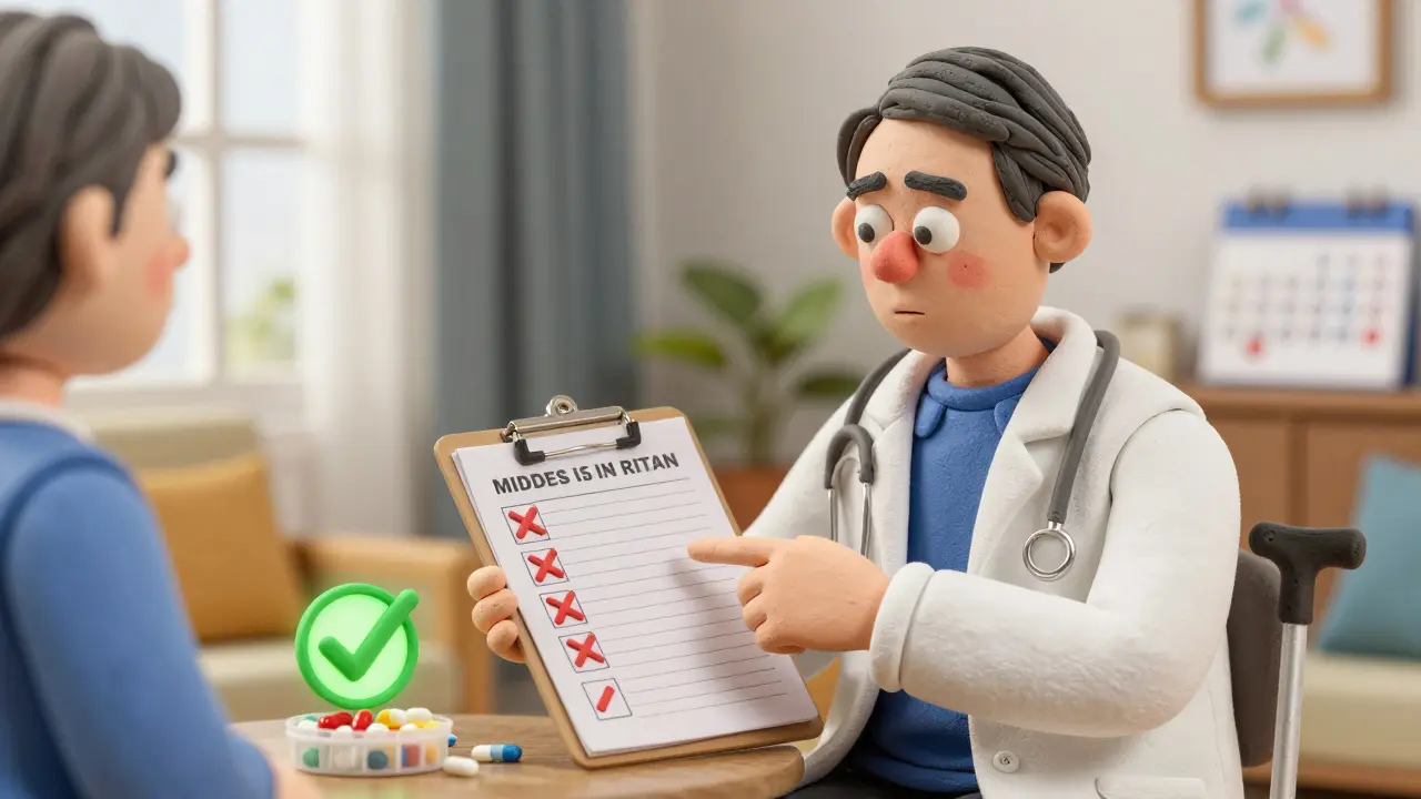 Врач-геронтолог проверяет список лекарств пациента, отмечая ненужные препараты красным крестом.