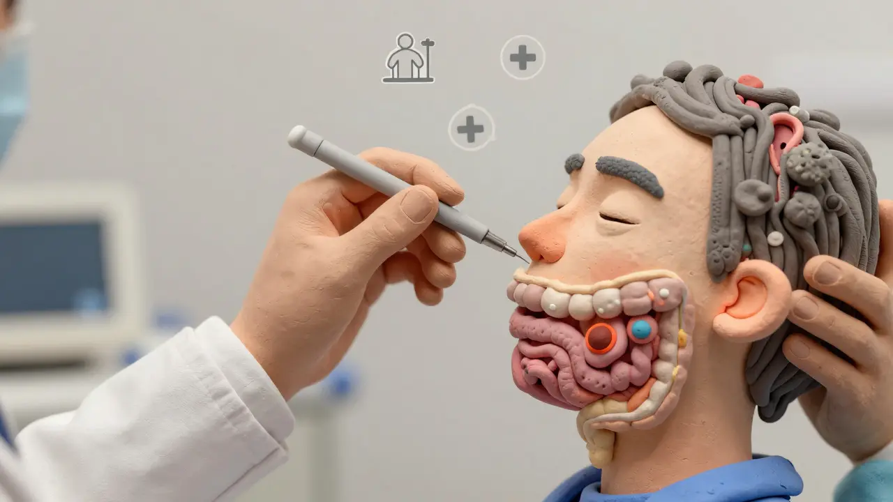 Врач проводит гастроскопию, внутри желудка видны воспаления и полипы, детализированная текстура слизистой в виде глиняной модели.