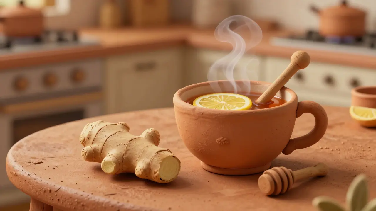 Чашка имбирного чая с лимоном и корнем имбиря, выполненные из пластилина