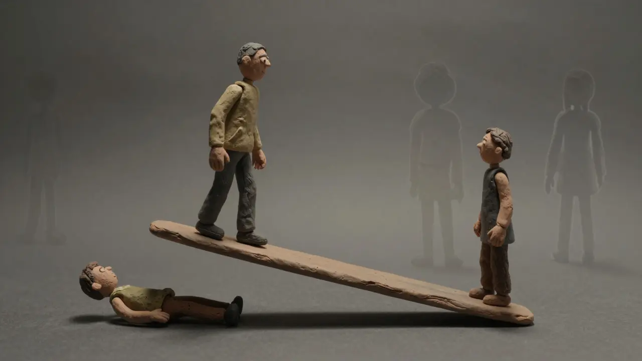 Дисбаланс отношений показан через перекос качелей из пластилина