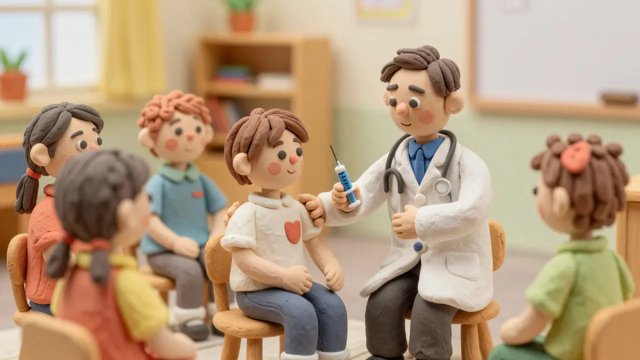 Дружелюбный врач проводит ревакцинацию школьника в светлом классе