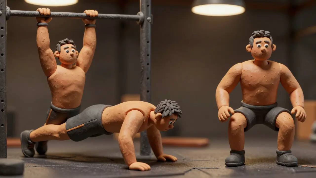Коллаж из упражнений: подтягивания, отжимания и приседания в стиле пластилина