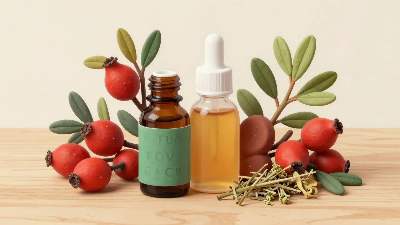 Набор из плодов шиповника, трав и настойки в стиле пластилинового моделирования