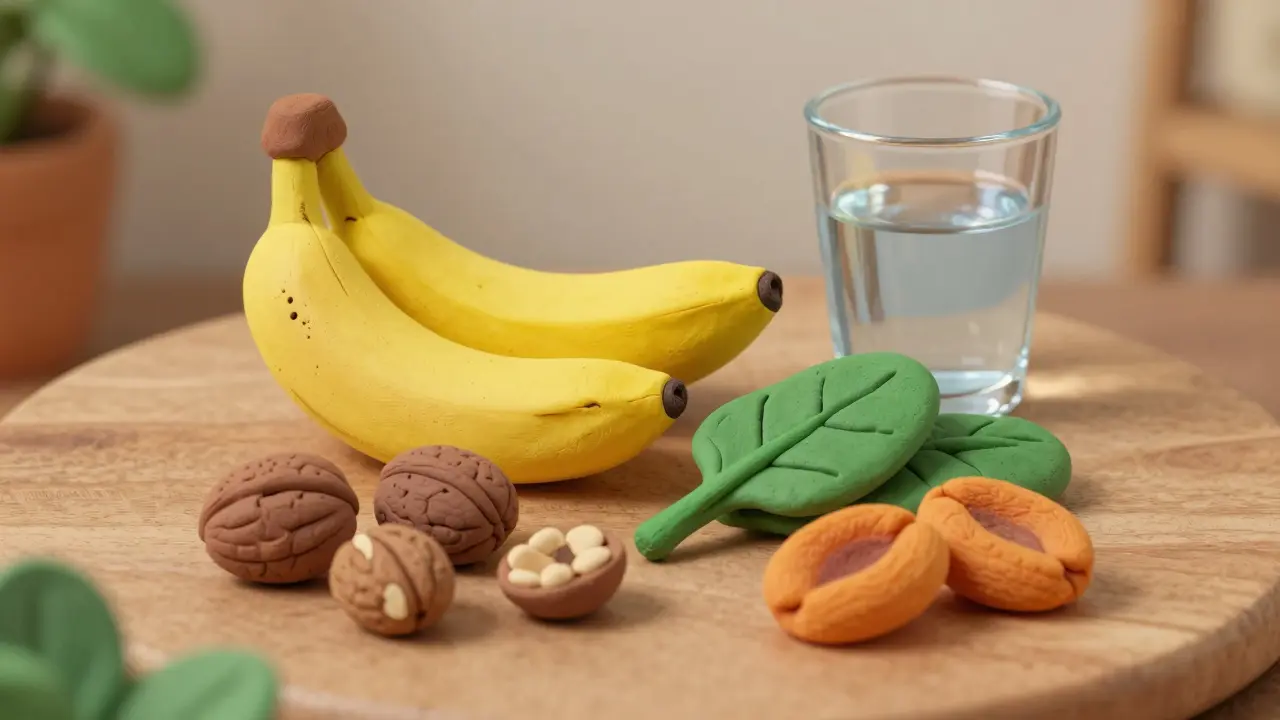 Натюрморт из пластилиновых продуктов: бананы, орехи и шпинат для здоровья мышц