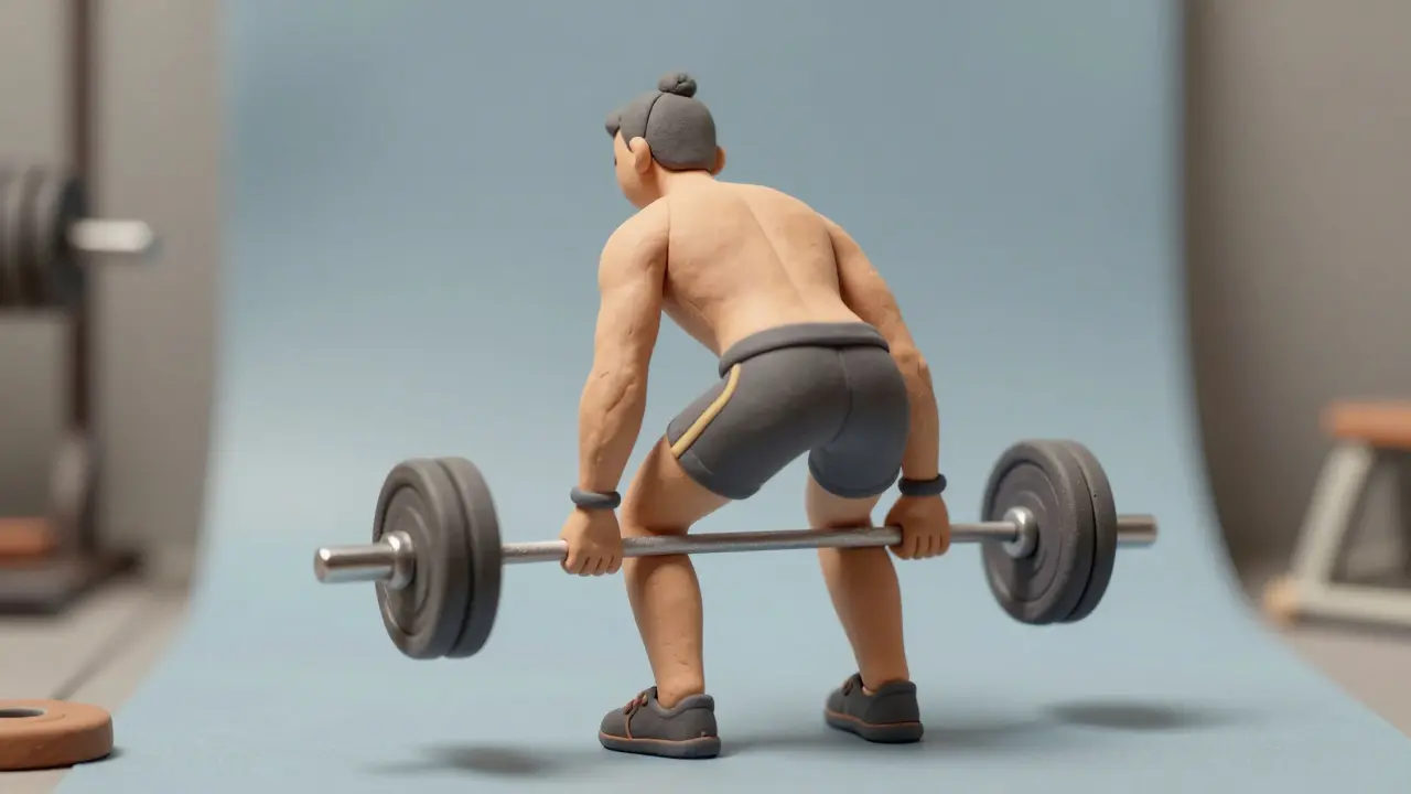 Персонаж из пластилина выполняет румынскую тягу с правильной техникой