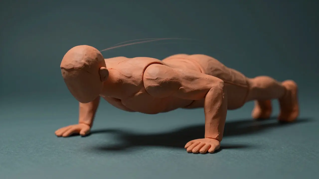 Пластилиновая фигура медленно опускается вниз, выполняя негативные отжимания