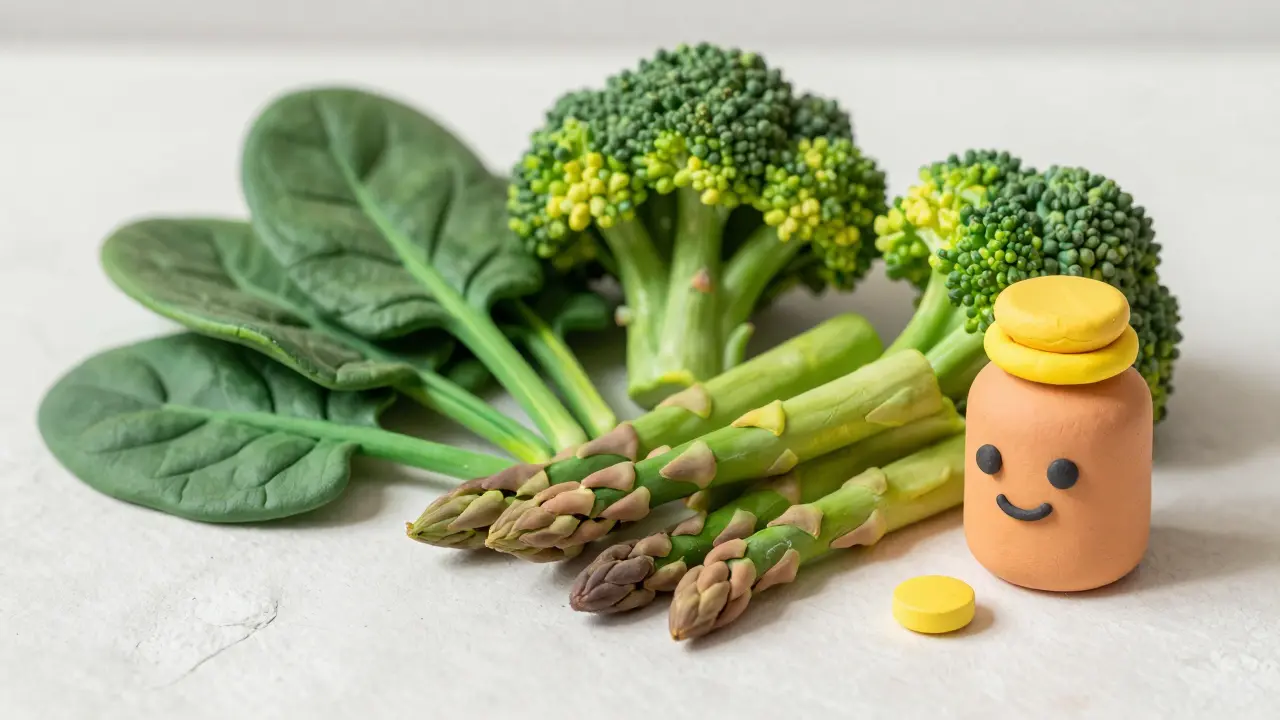 Пластилиновые овощи, богатые фолатами, и флакон с витаминами на столе