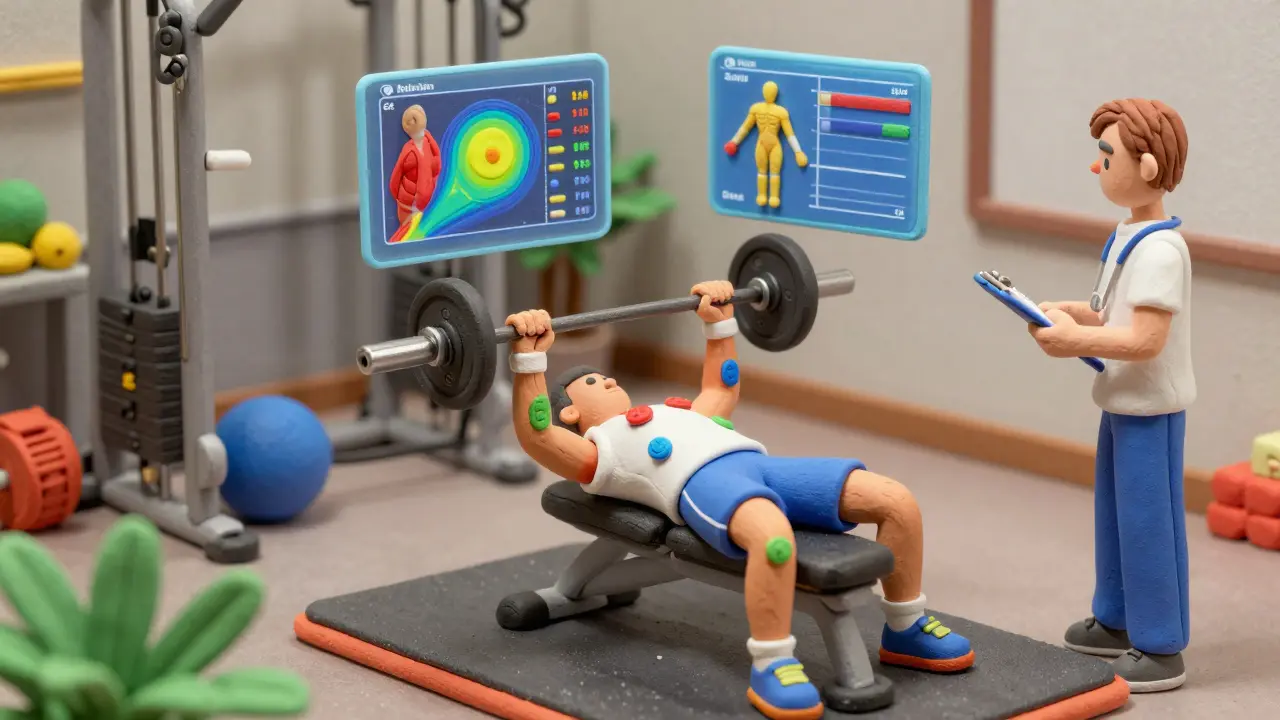 Пластилиновый атлет в лаборатории с датчиками мышц во время жима лежа