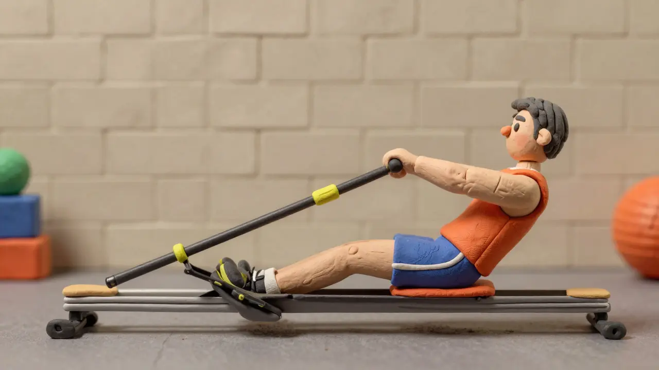 Пластилиновый персонаж демонстрирует правильную технику гребли: ноги, корпус, руки