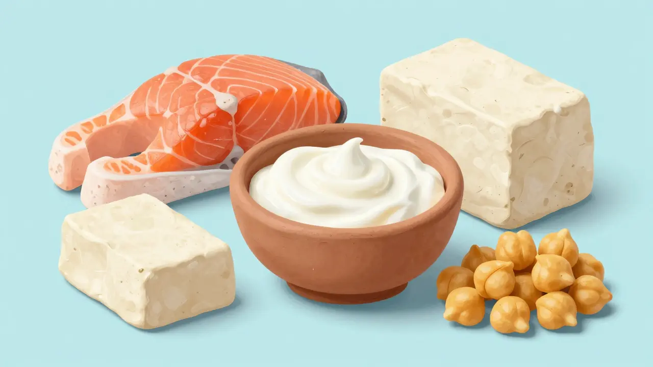 Разнообразные белковые продукты из лосося, тофу и йогурта в стиле пластилина