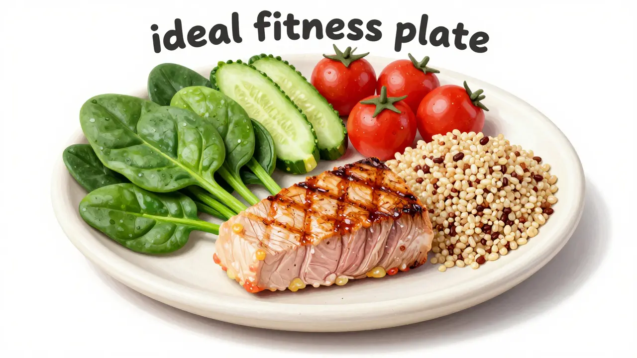 Сбалансированная тарелка с овощами, тунцом и киноа в стиле пластилиновой лепки