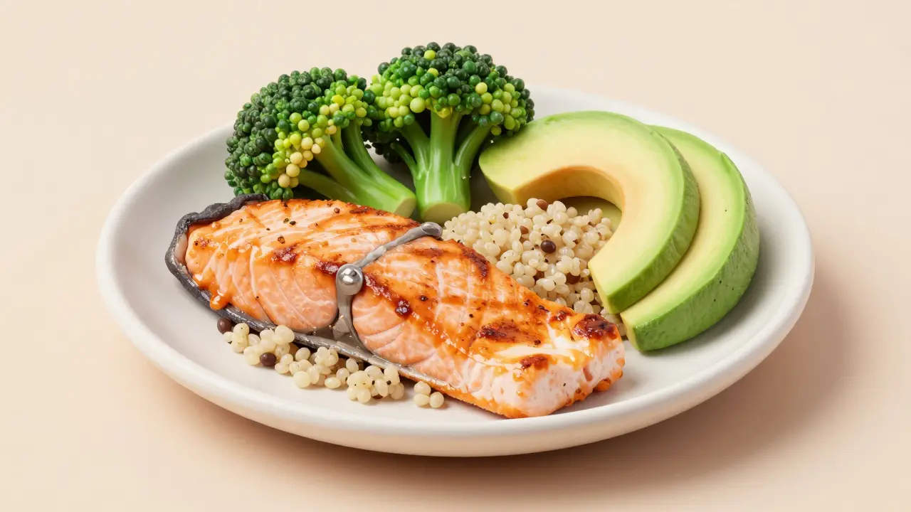 Сбалансированный обед из лосося, киноа и брокколи в стиле пластилина