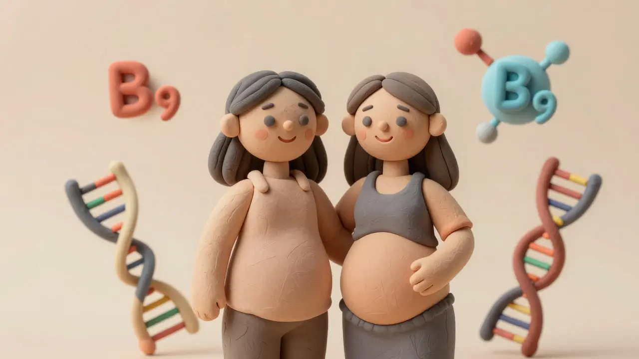 Счастливая беременная пара в окружении символов витамина В9 и ДНК в стиле пластилина