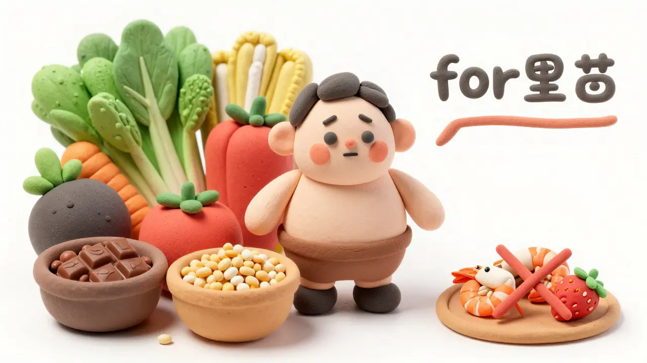 Счастливый пластилиновый персонаж и набор продуктов-провокаторов