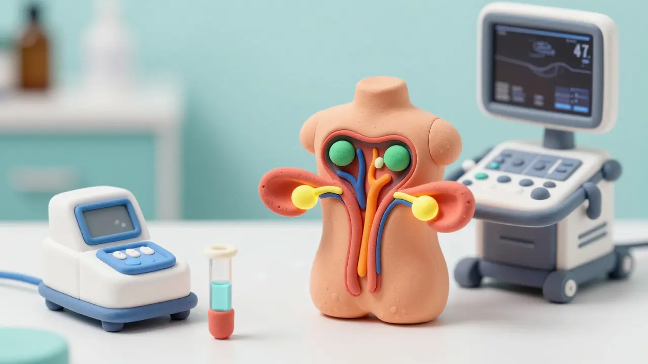 Схематичное изображение яичников и диагностического оборудования в стиле пластилина