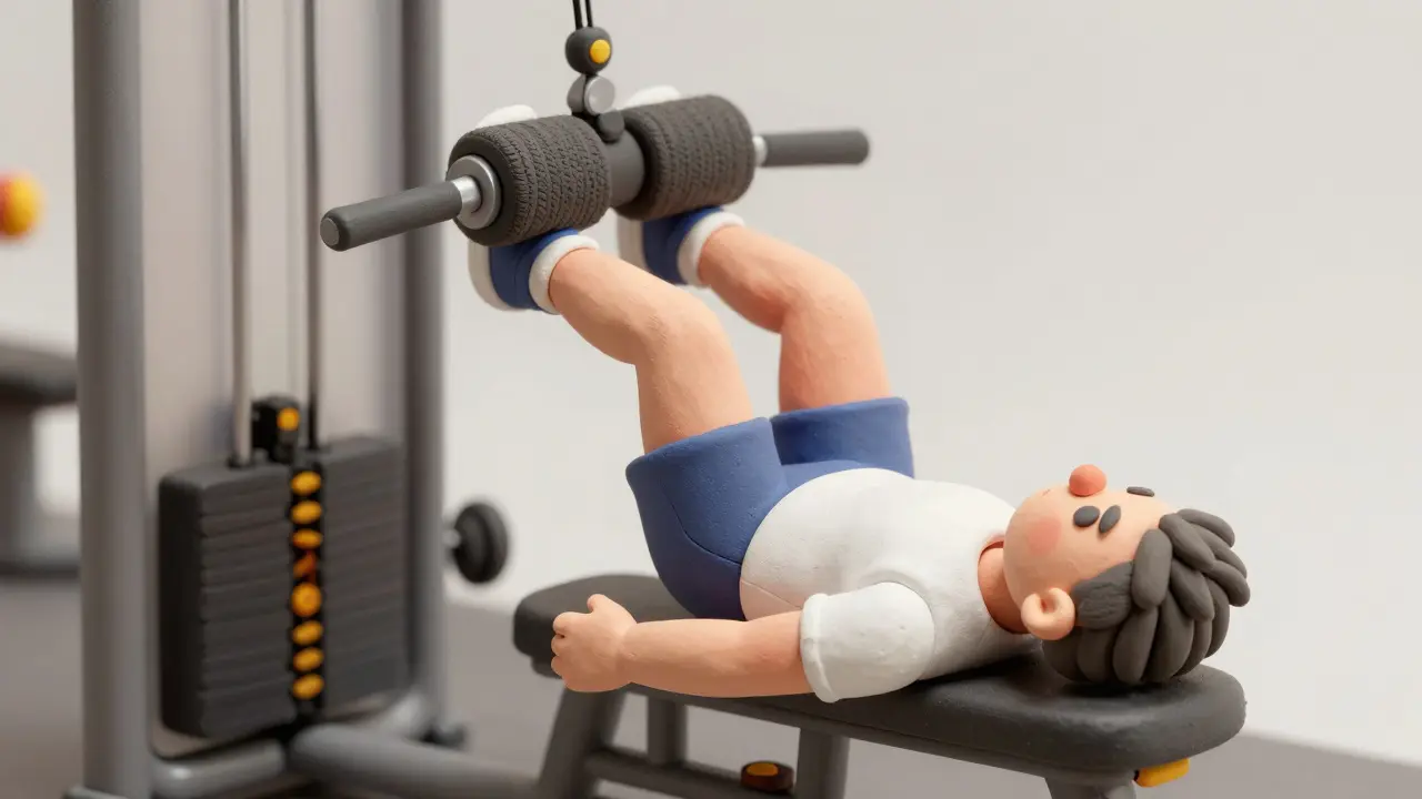 Скульптурная фигурка из глины делает сгибания ног в тренажере