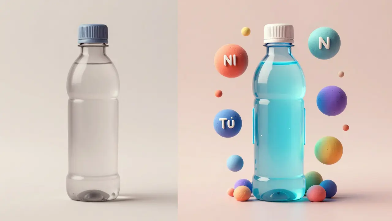 Сравнение обычной воды и изотоника с иконками электролитов в стиле пластилина