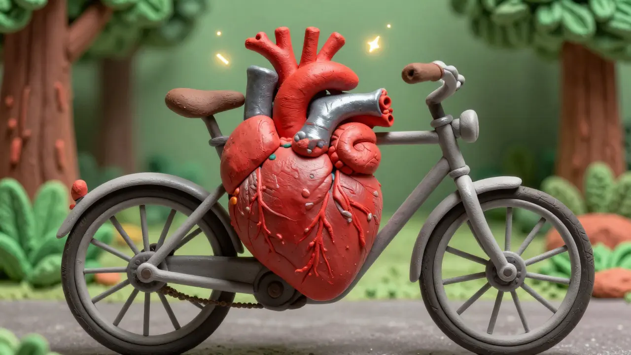 Стилизованное сердце-двигатель в раме велосипеда из пластилина