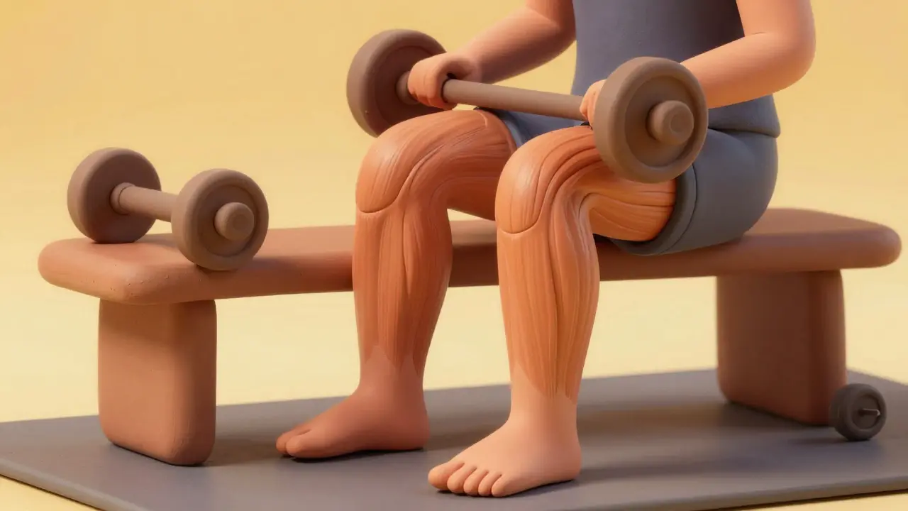 Стилизованный персонаж делает подъемы на носки сидя