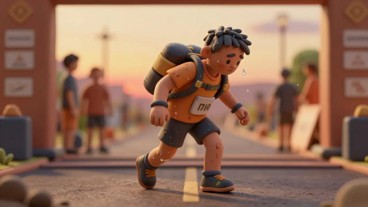 Уставший атлет в жилете пересекает финишную черту в стиле пластилиновой анимации