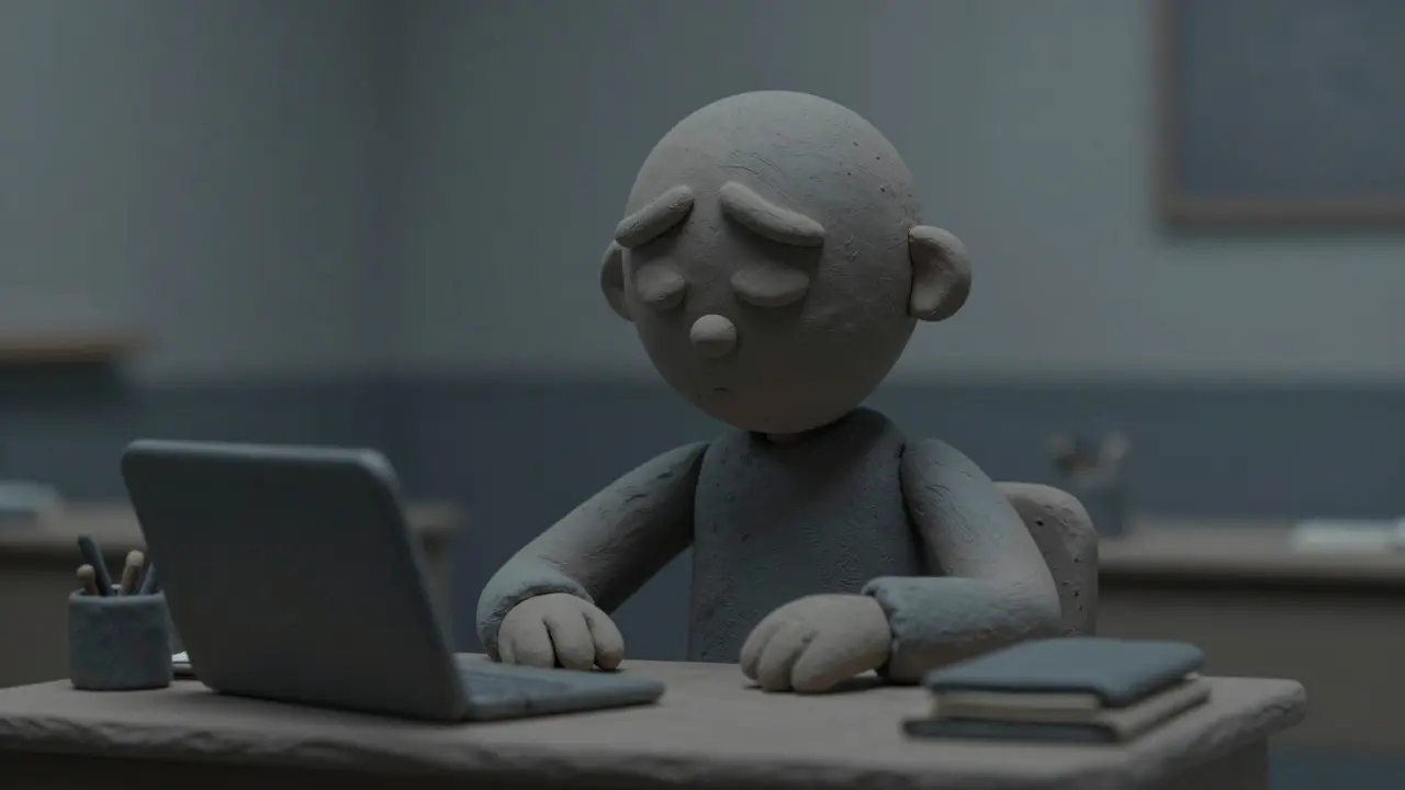 Уставший пластилиновый человечек с выражением апатии за рабочим столом