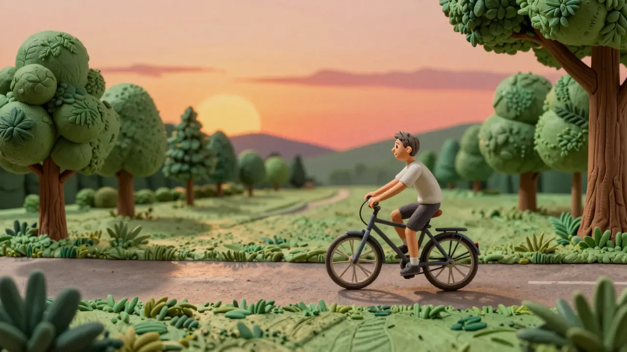 Велосипедист в парке на закате в стиле объемной пластилиновой лепки