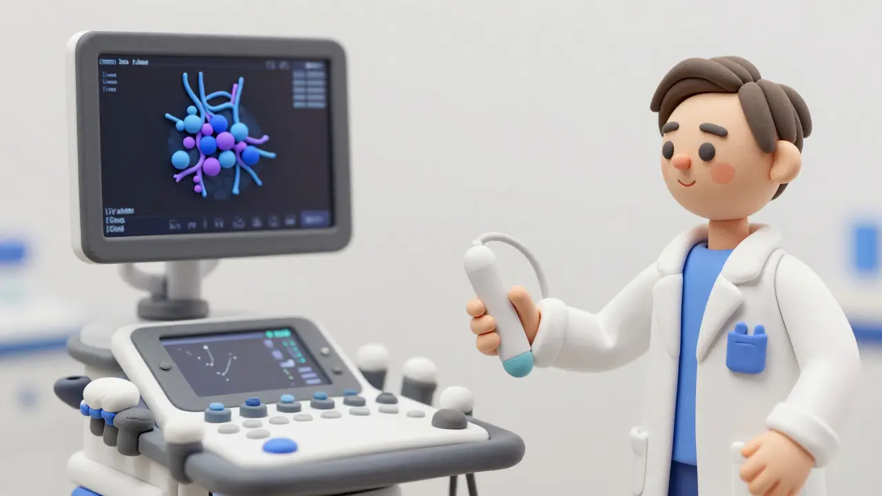 Врач проводит УЗИ обследование органов мошонки, пластилиновая иллюстрация