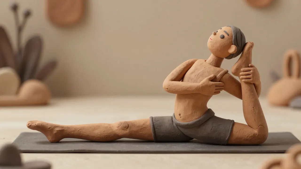 Глиняная фигура выполняет упражнение Single Leg Stretch с вытянутой ногой
