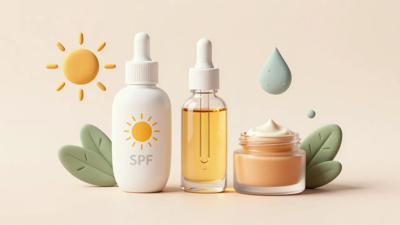 Глиняные модели средств ухода: крем с SPF, сыворотка витамина С и ретинол