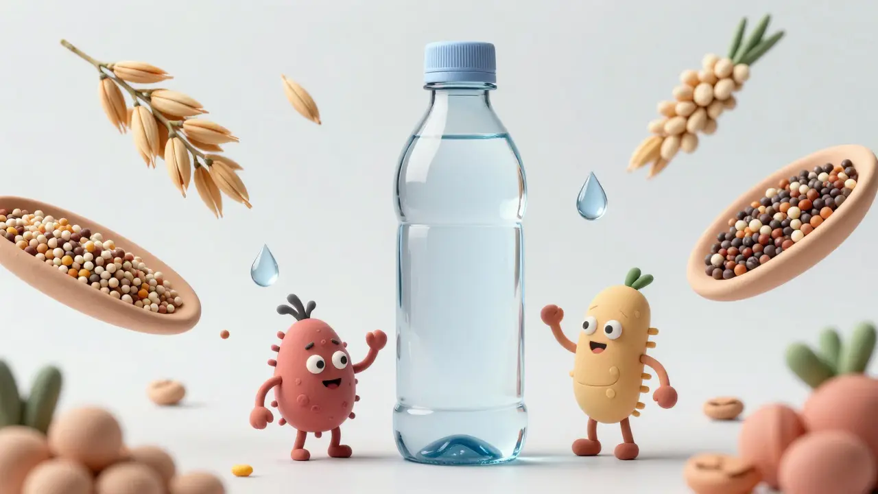 Концептуальная иллюстрация: вода и продукты с клетчаткой для здоровья кишечника