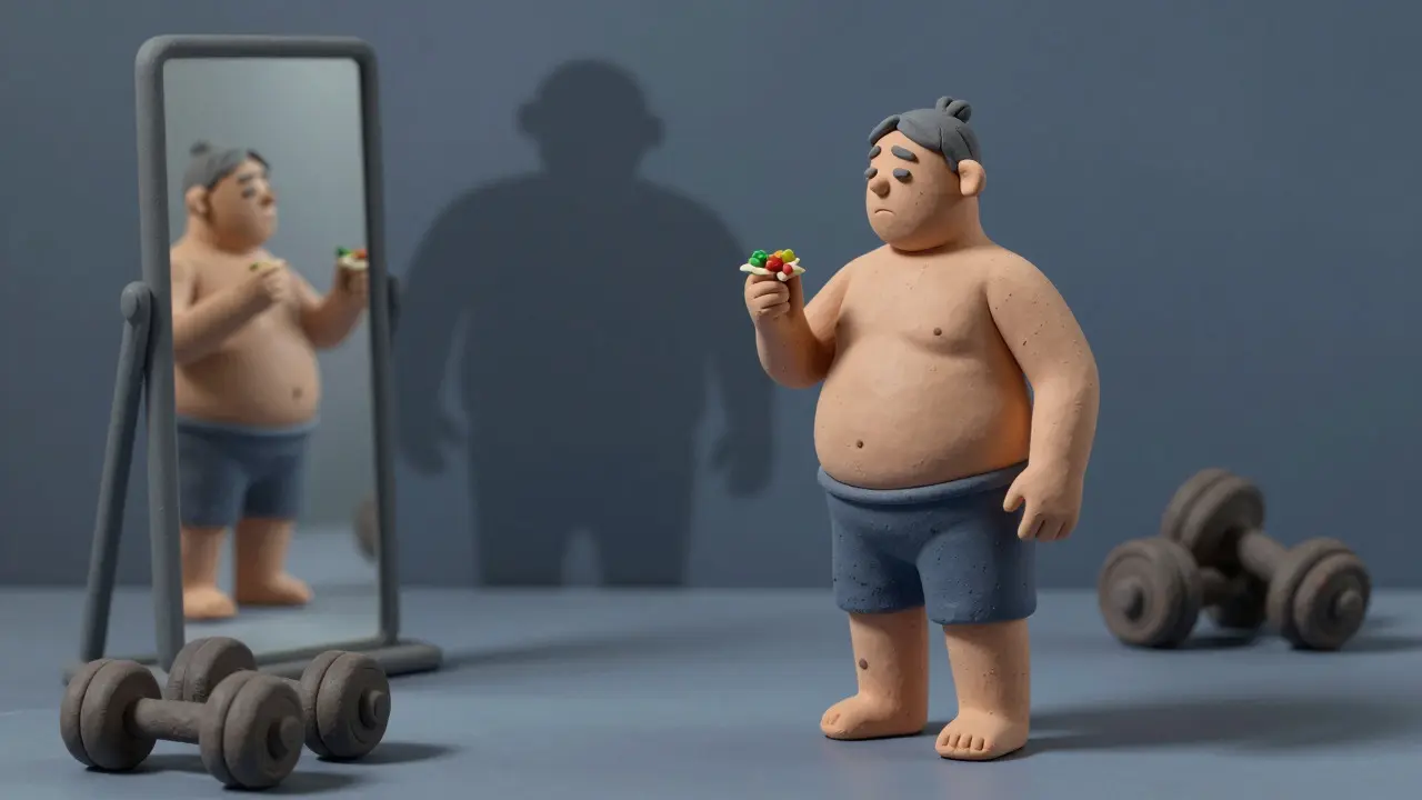 Уставший спортсмен перед зеркалом после грязного набора массы
