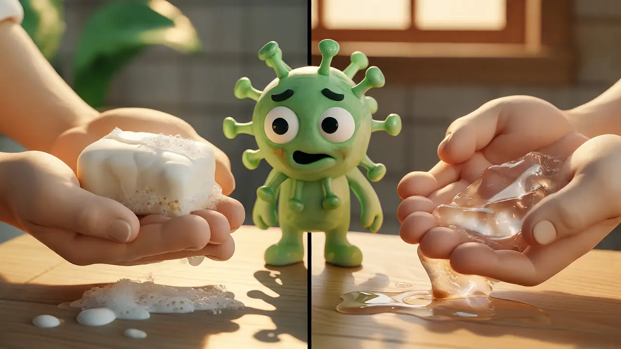 Clay art comparing soap washing and sanitizer use against viruses