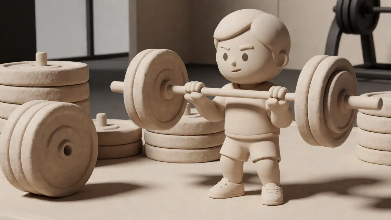 Персонаж в стиле clay-рендеринга берет легкий гриф для разминочного подхода