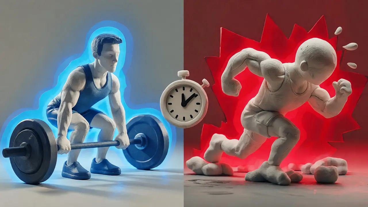 Split screen contrasting controlled lifting vs rushed cardio