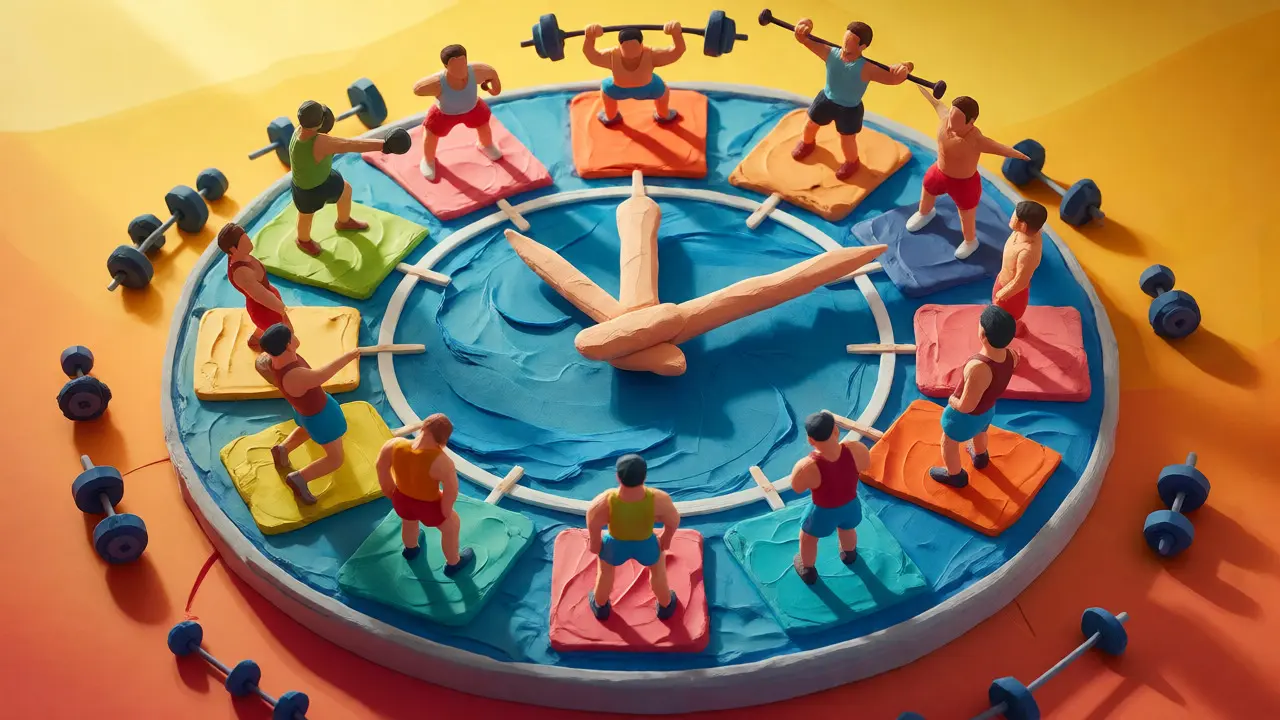 Top-down view of athletes arranged on a clock-face platform